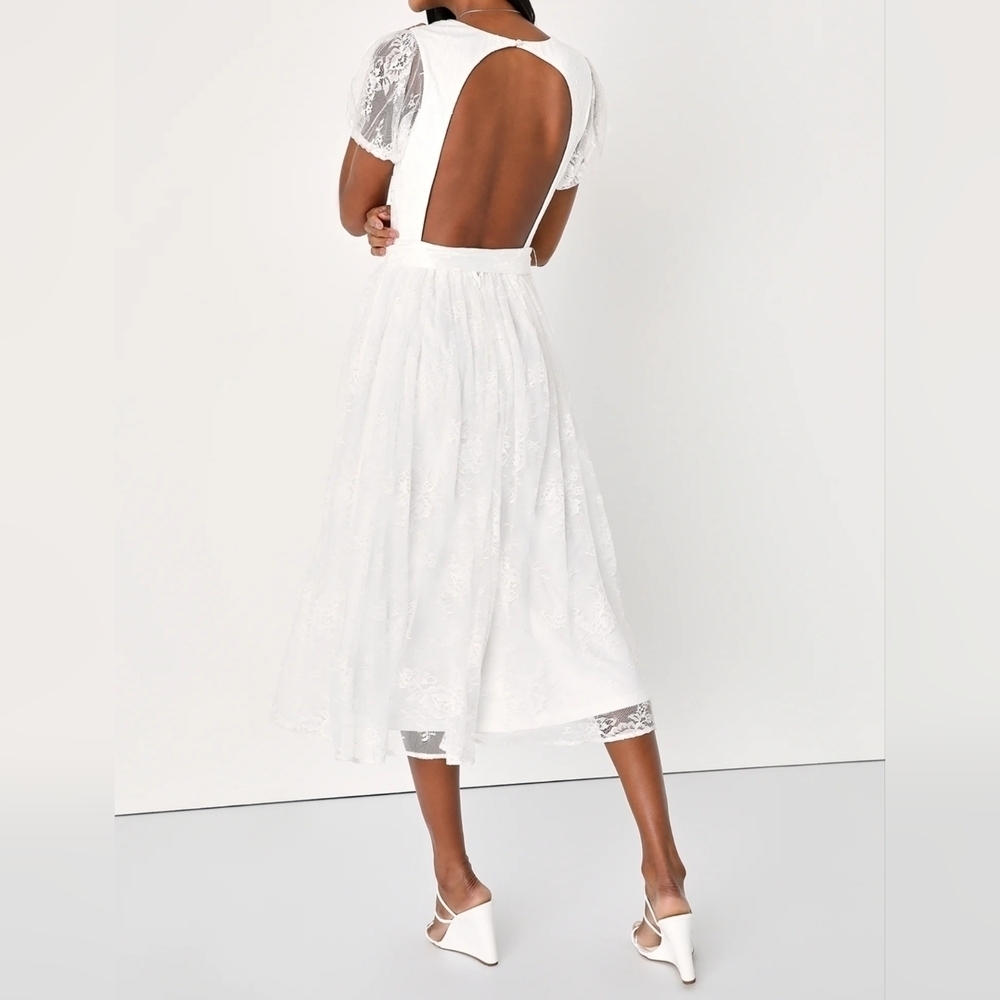 Lulus Romantic Prose White Lace Puff Sleeve Backless Midi Skater Dress, Small - Picture 4 of 14